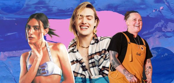 Side by side images of trans and non-binary people George Gorg, Casil McArthur and Alex Lynam with blue and pink colours of the trans Pride flag in the background graphic