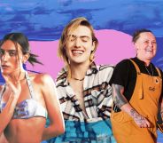 Side by side images of trans and non-binary people George Gorg, Casil McArthur and Alex Lynam with blue and pink colours of the trans Pride flag in the background graphic