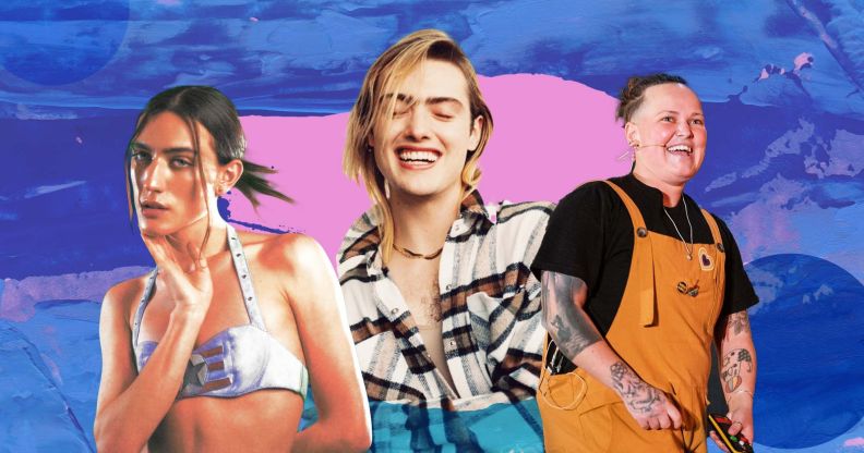 Side by side images of trans and non-binary people George Gorg, Casil McArthur and Alex Lynam with blue and pink colours of the trans Pride flag in the background graphic