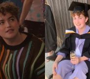 Ash Self as Felix in Heartstopper season to (left) and pictured on his graduation day in a cap, down and wheelchair (right)