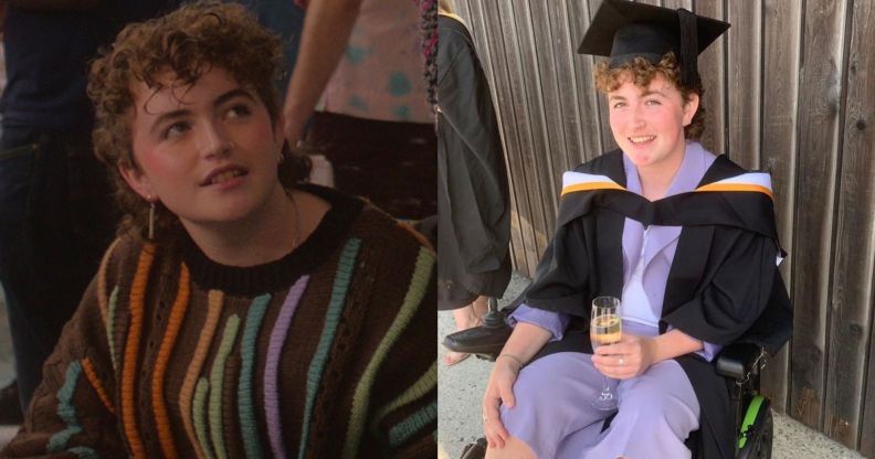 Ash Self as Felix in Heartstopper season to (left) and pictured on his graduation day in a cap, down and wheelchair (right)