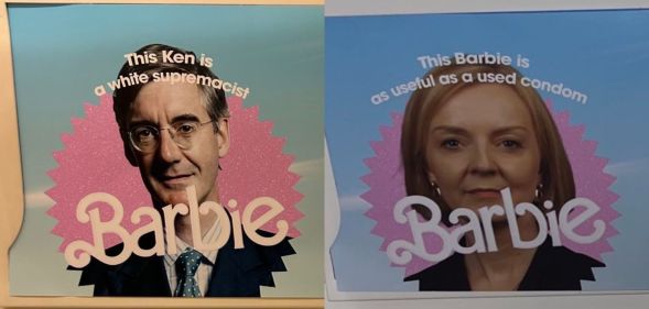 A split image of posters spotted on the London Underground with a picture of Jacob Rees-Mogg and a picture of Liz Truss, both reading "This Ken is a white supremacist" and "This Barbie is as useful as a used condom."