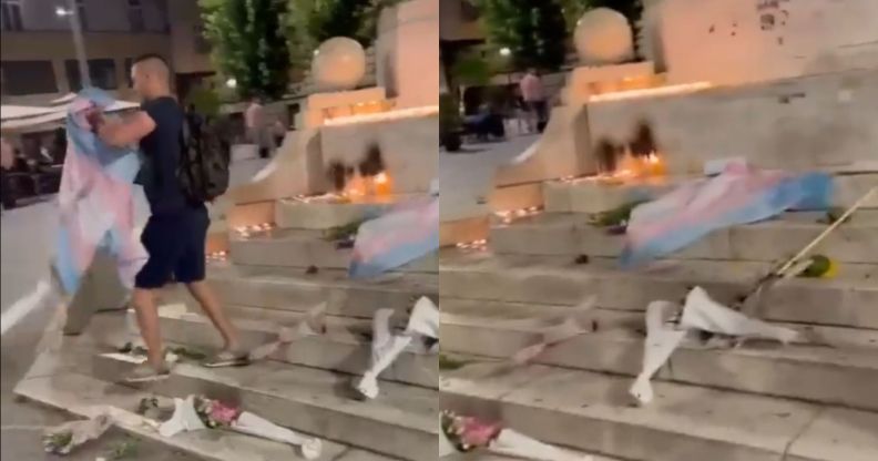 An edited image of a man walking across a vandalised candelight vigil in Belgrade.