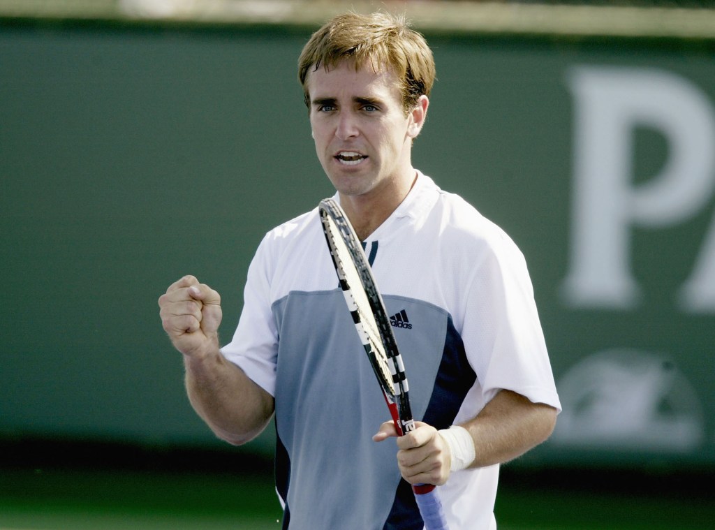 INDIAN WELLS, CA - MARCH 12: Brian Vahaly celebrates a point against Harel Levy of Israel during the Pacific Life Open March 12, 2004 at the Indian Wells Tennis Garden in Indian Wells, California. (Photo by Matthew Stockman/Getty Images)