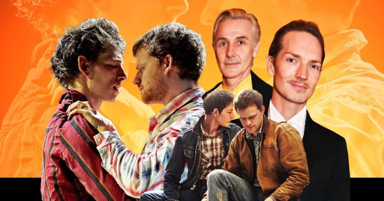 An image composite featuring Mike Faist, Lucas Hedges, Jonathan Butterell and Dan Gillespie Sells, the cast and creators of Brokeback Mountain on stage.