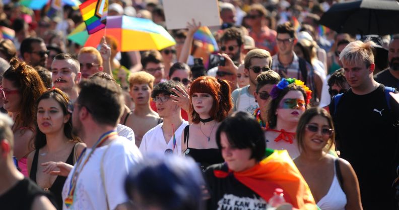 Crowds of LGBTQ+ activists march across Budapest.