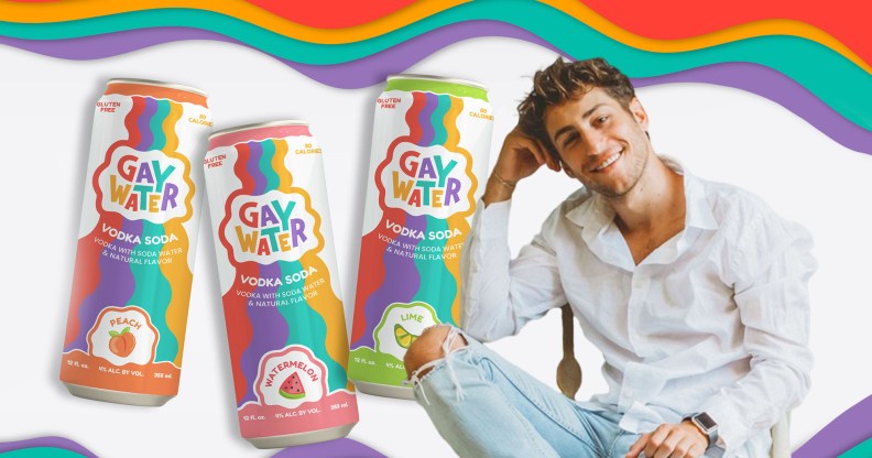 This is a composite image of Spencer Hoddeson, CEO of Gay Water. He is sitting on a chair with his legs cross. Behind him are cans of Gay Water.
