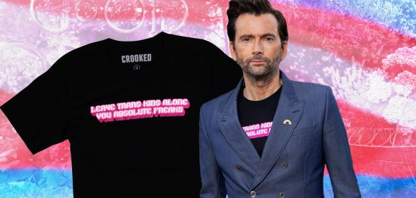 An image showing David Tennant wearing a t-shirt with a message of support for trans youth on it.