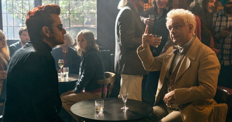 David Tennant as Crowley (L) and Michael Sheen as Aziraphale (R) in Good Omens season two