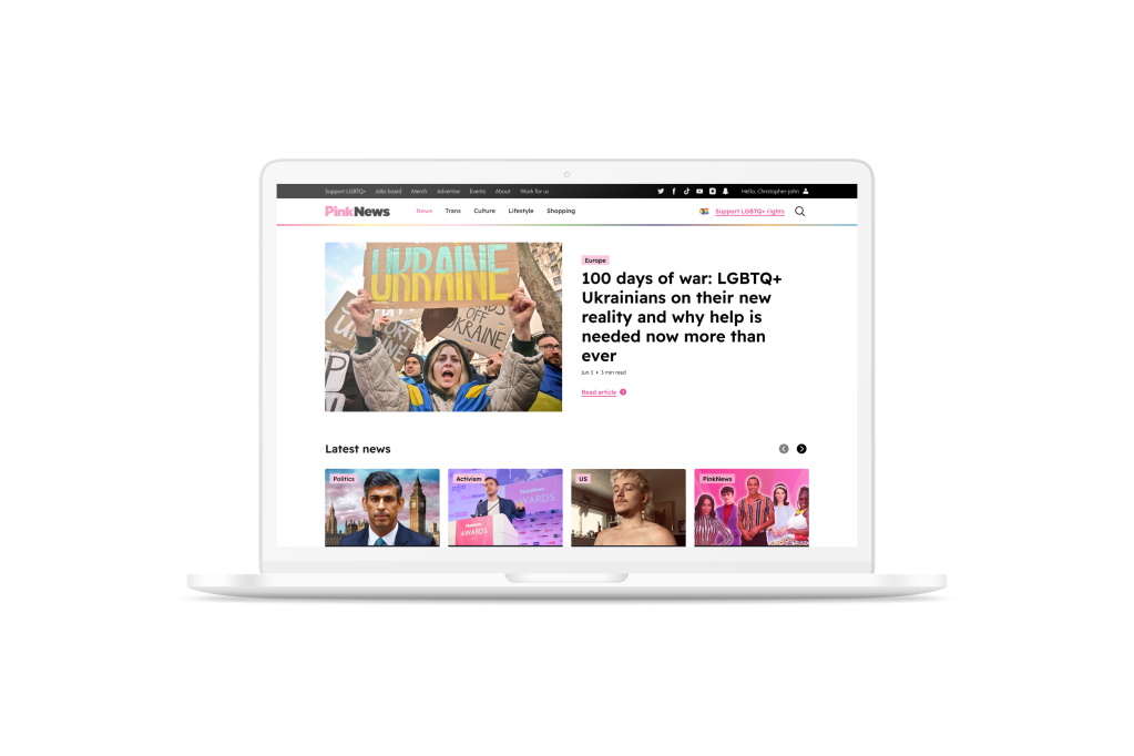PinkNews website on a laptop