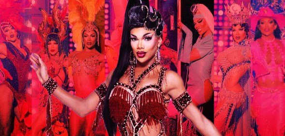 All Stars 8 contestant Kahanna Montrese against a red montage of all her All Stars 8 looks.