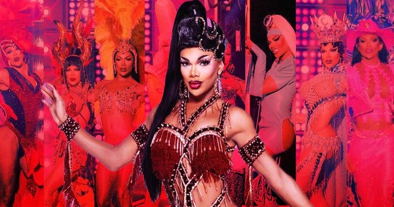 All Stars 8 contestant Kahanna Montrese against a red montage of all her All Stars 8 looks.