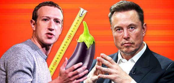 Composite image of Mark Zuckerberg (left) and Elon Musk next to a tape measure and an aubergine