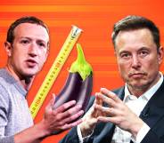 Composite image of Mark Zuckerberg (left) and Elon Musk next to a tape measure and an aubergine