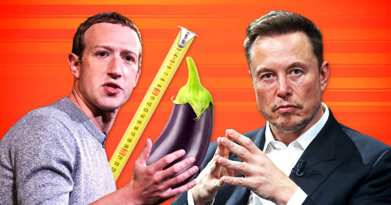 Composite image of Mark Zuckerberg (left) and Elon Musk next to a tape measure and an aubergine