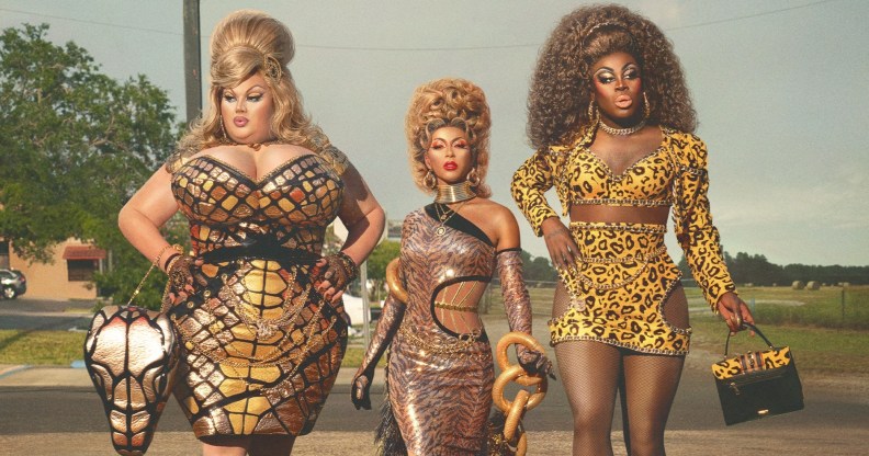 Eureka (L), Shangela and Bob (R) in We're Here.