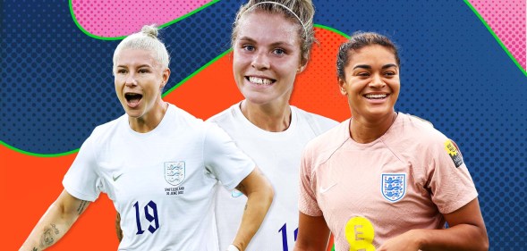 Out LGBTQ+ England Lioness footballers Bethany England (left), Rachel Daly (centre) and Jess Carter (right)