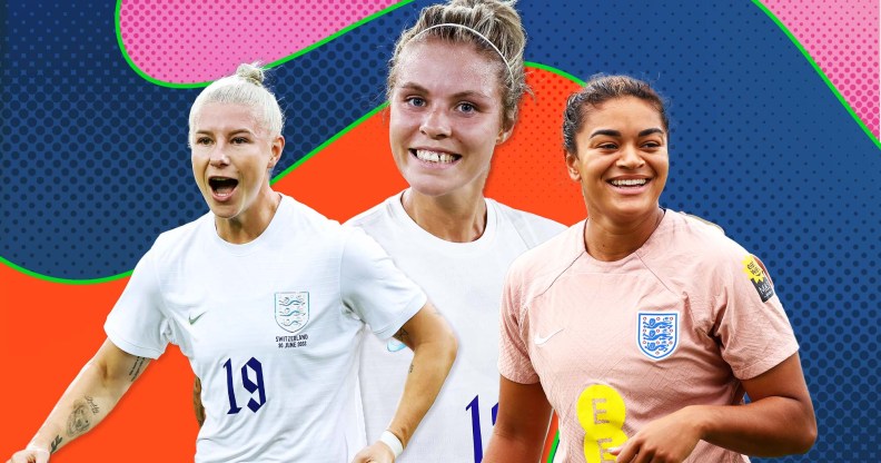 Out LGBTQ+ England Lioness footballers Bethany England (left), Rachel Daly (centre) and Jess Carter (right)