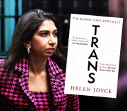 Suella Braverman pictured in an edited image which shows a copy of Helen Joyce's book over the top.