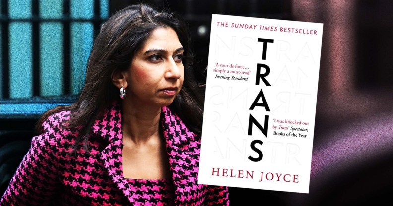Suella Braverman pictured in an edited image which shows a copy of Helen Joyce's book over the top.