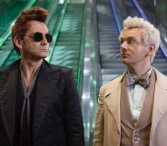 David Tennant and Crowley (L) and Michael Sheen as Aziraphale (R). Good Omens season two finale.