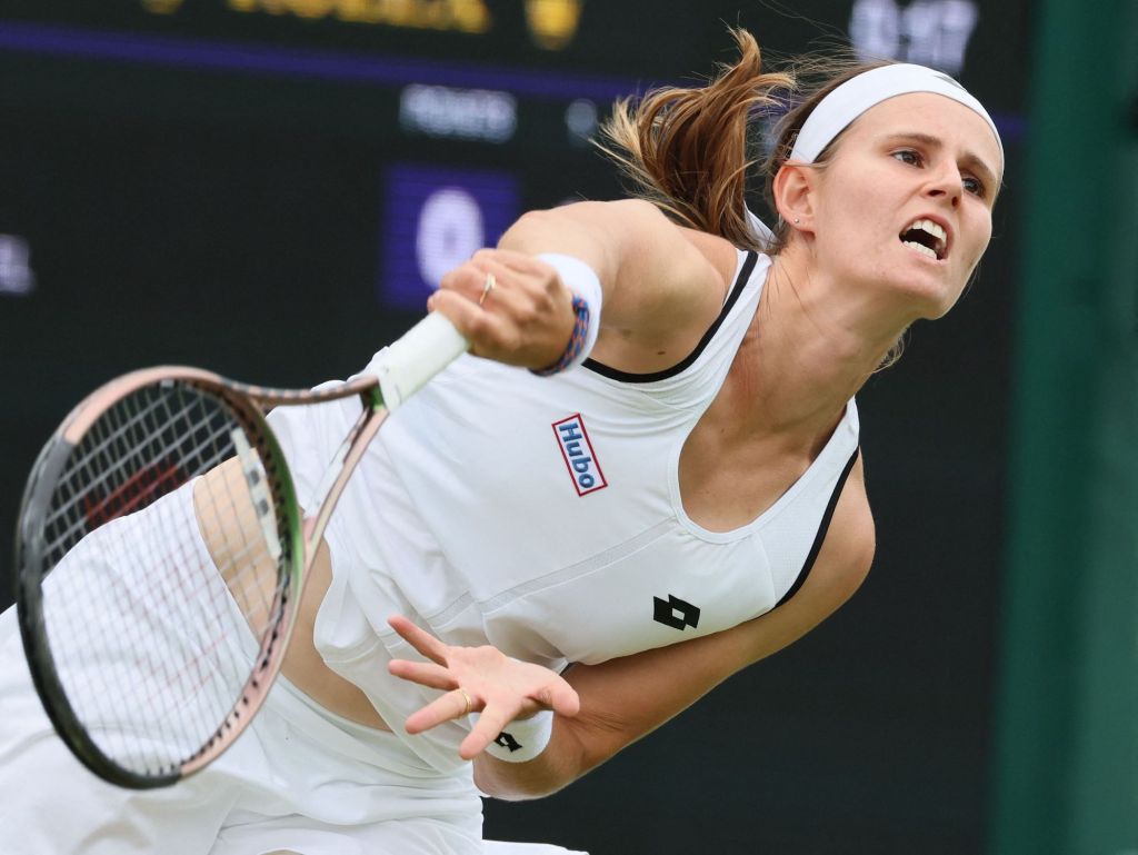 Belgian tennis player Greet Minnen pictured in action during a second round game in the women's singles tournament between Belgian Minnen (WTA88) and Chinese Zheng (WTA52) at the 2022 Wimbledon grand slam tennis tournament at the All England Tennis Club, in south-west London, Britain, Thursday 30 June 2022. BELGA PHOTO BENOIT DOPPAGNE (Photo by BENOIT DOPPAGNE / BELGA MAG / Belga via AFP) (Photo by BENOIT DOPPAGNE/BELGA MAG/AFP via Getty Images)