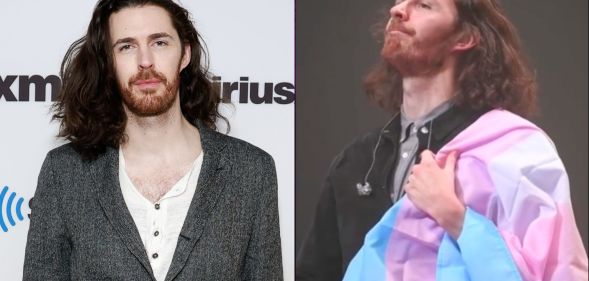 On the left, Hozier in a white shirt and grey blazer posing. On the right, Hozier performing holding a trans flag.