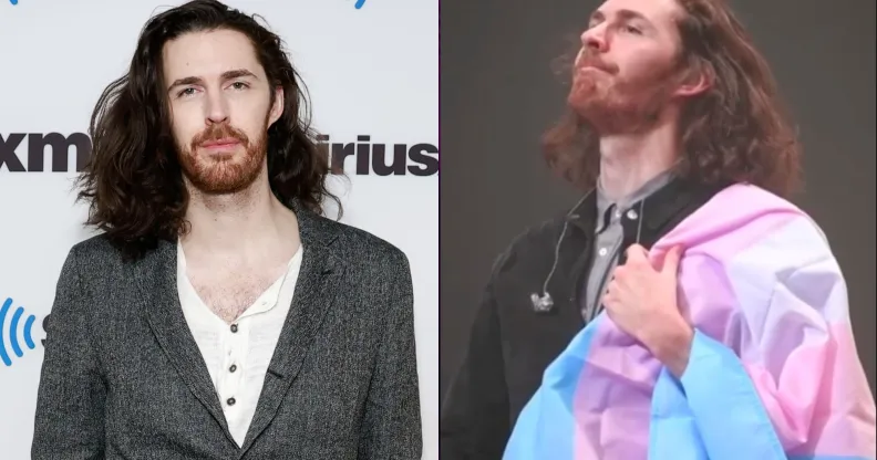 On the left, Hozier in a white shirt and grey blazer posing. On the right, Hozier performing holding a trans flag.