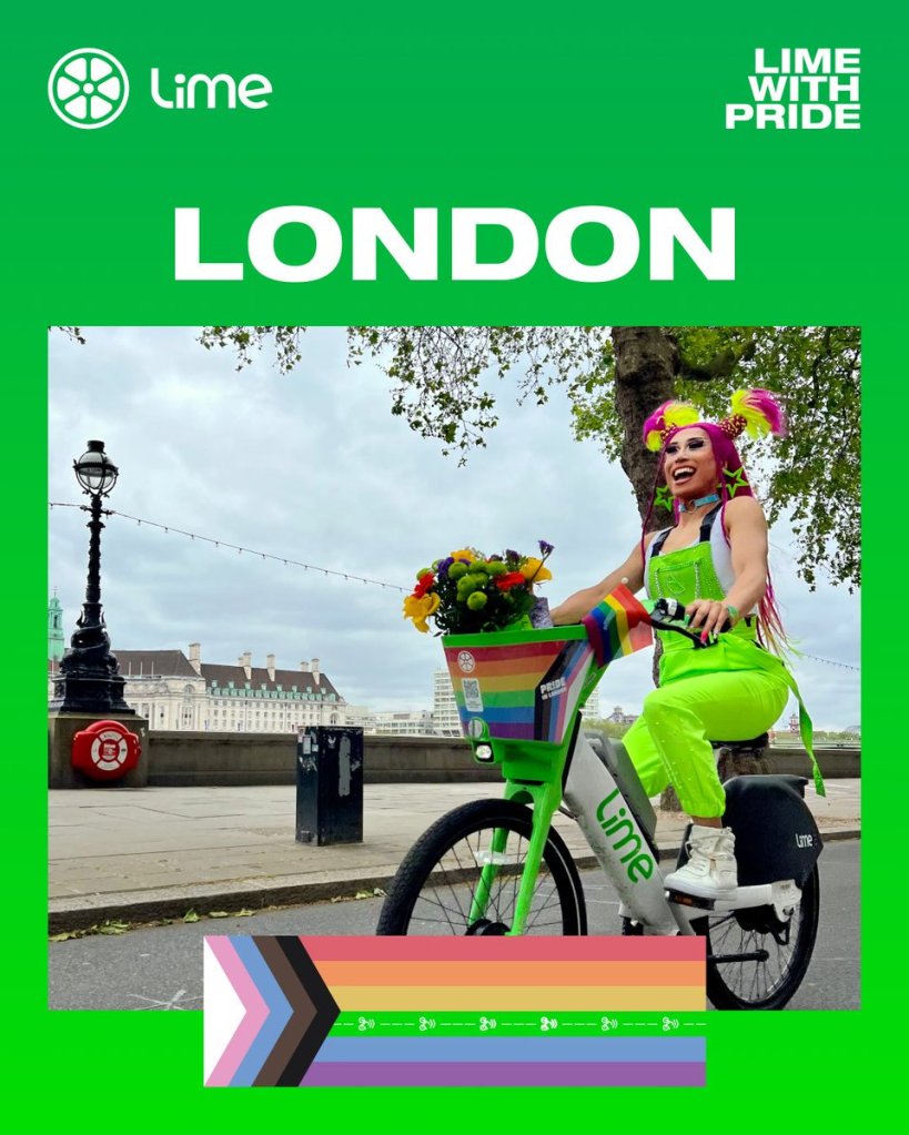 This is an advertising image for Lime scooters during Pride Month.
