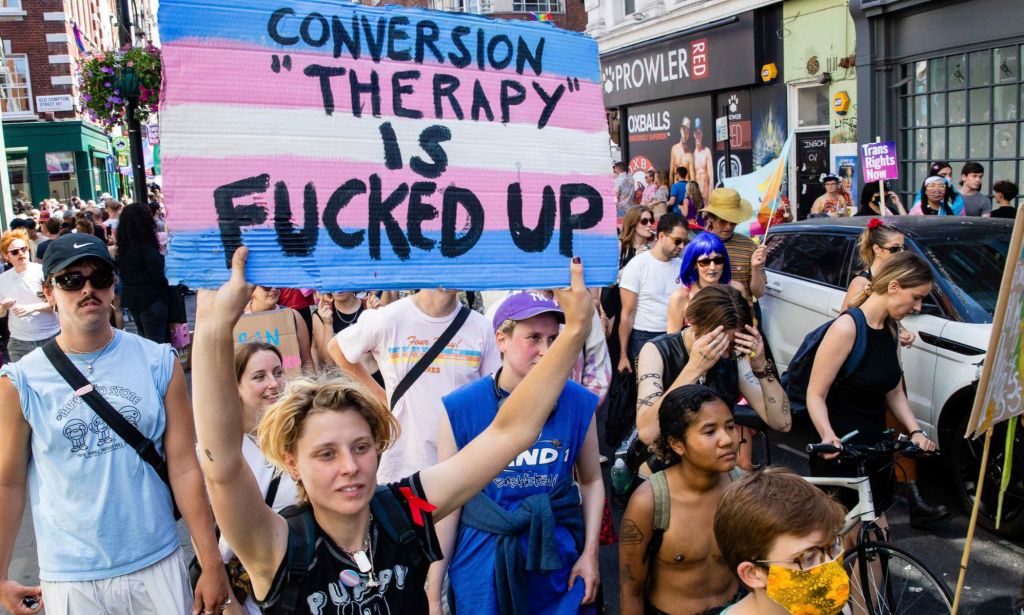 An activist holds up a sign saying "conversion therapy is f**ked up" during the London Trans+ Pride protest.