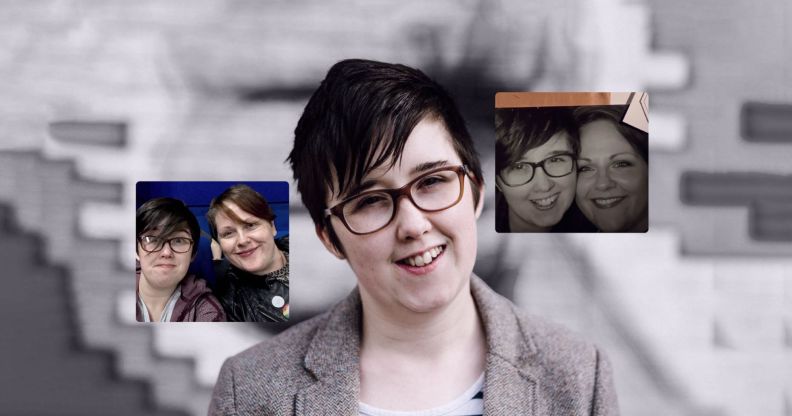 Lyra Mckee on the left, Lyra McKee (centre) and photos of Lyra and her partner Sara Canning on the left and right.