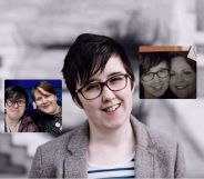 Lyra Mckee on the left, Lyra McKee (centre) and photos of Lyra and her partner Sara Canning on the left and right.