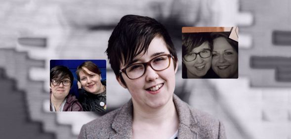 Lyra Mckee on the left, Lyra McKee (centre) and photos of Lyra and her partner Sara Canning on the left and right.