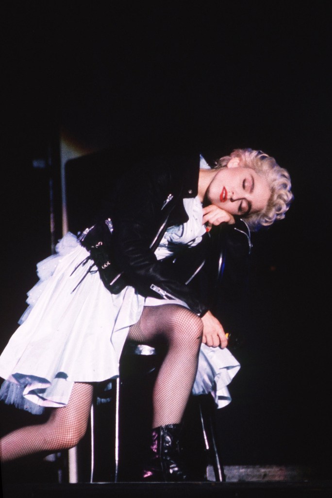 Madonna performs on stage in London in 1983.