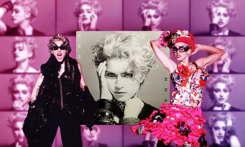 A composite featuring Madonna's debut album cover, and two images of Madonna performing.