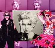 A composite featuring Madonna's debut album cover, and two images of Madonna performing.