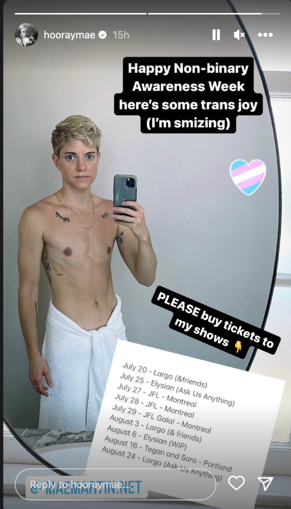 Mae Martin in a topless selfie shared on their Instagram story.