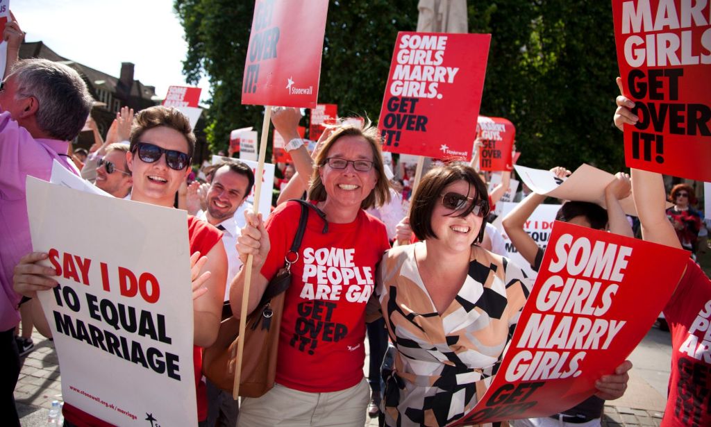 Stonewall protestors celebrate gay marriage announcement.