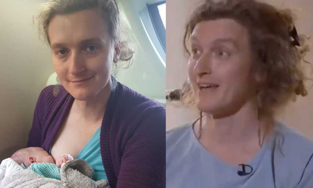 Trans mum Mika Minio-Paluello pictured breastfeeding her baby and appearing on ITV's News At Ten programme