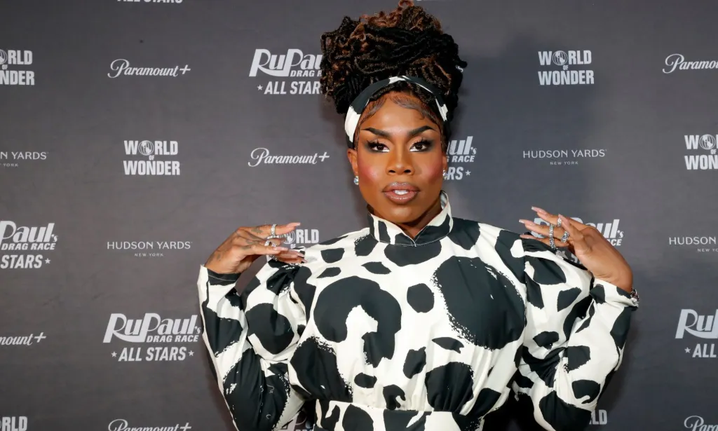 Monet X Change in a cow print dress at the red carpet premiere of Drag Race All Stars 7.