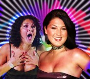 A graphic comprised of two pictures of Big Brother UK's first and only trans winner Nadia Almada with a neon rainbow background