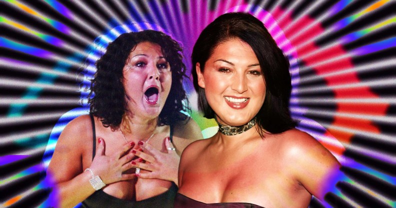 A graphic comprised of two pictures of Big Brother UK's first and only trans winner Nadia Almada with a neon rainbow background
