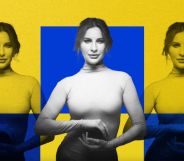 Natisa Gogol in a beige turtleneck stood against a blue and yellow background.