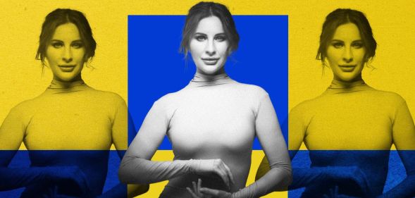 Natisa Gogol in a beige turtleneck stood against a blue and yellow background.