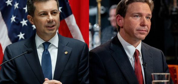 An edited image of Pete Buttigieg and Ron DeSantis next to one another.