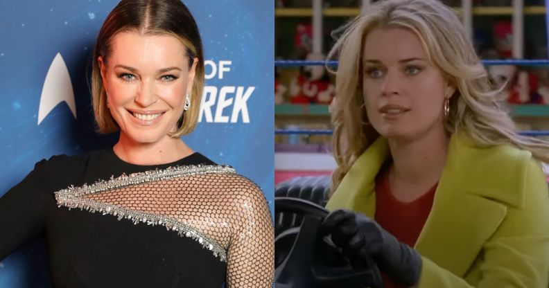 On the left, Rebecca Romijn in a black and silver dress. On the right, Rebecca Romijn as her Ugly Betty character Alexis Meade.