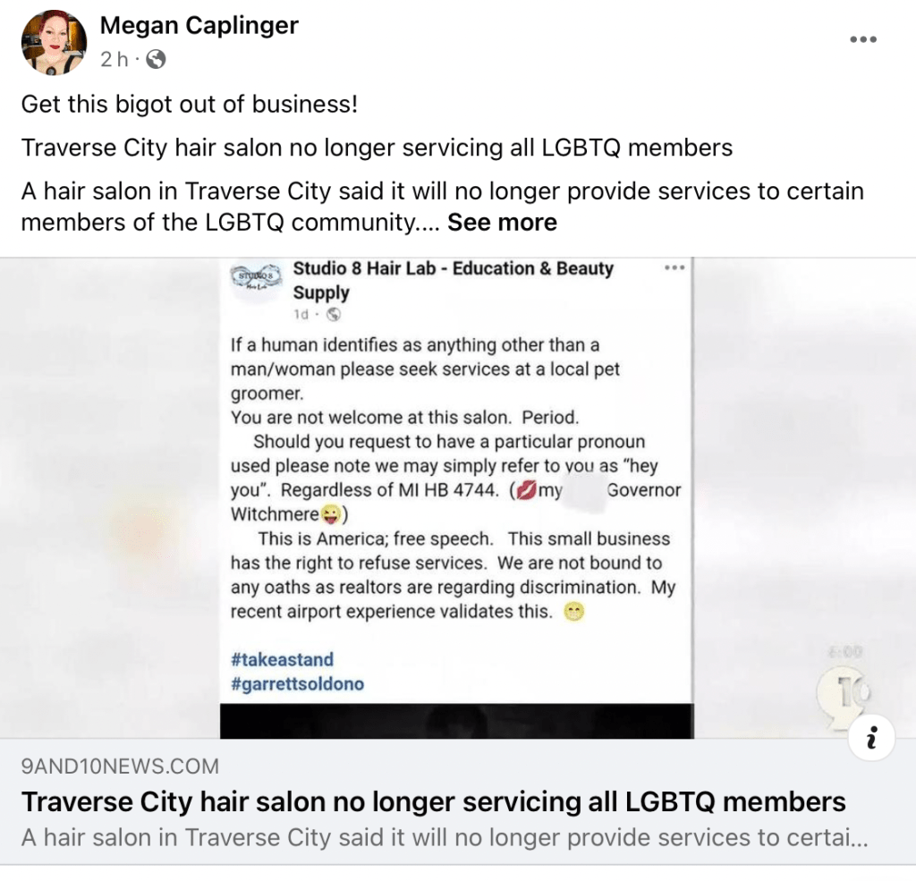 Response to hair salon refusing to service parts of the LGBTQ+ community