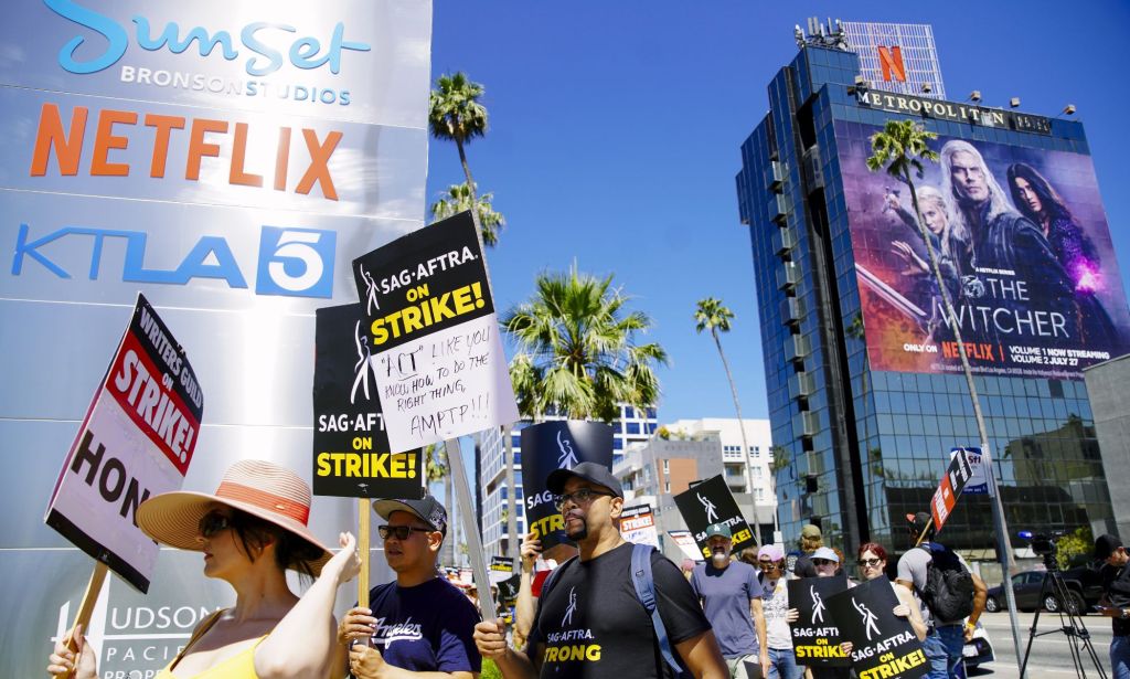 SAG-AFTRA members strike in Los Angeles.
