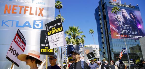SAG-AFTRA members strike in Los Angeles.