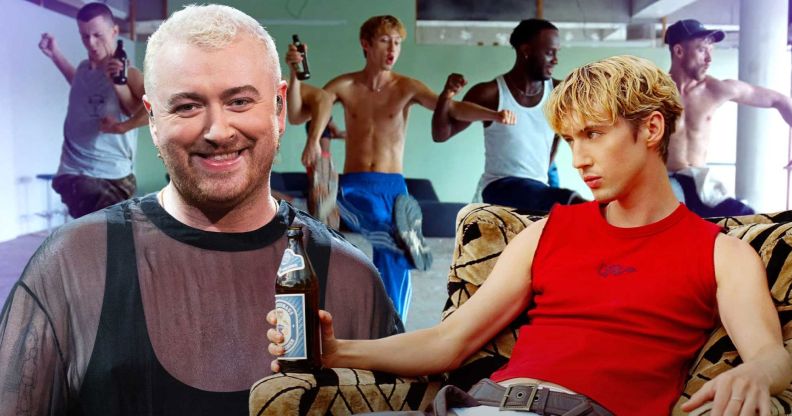 This picture shows queer singers Sam Smith and Troye Sivan against a still of Troye Sivan's new Rush music video.